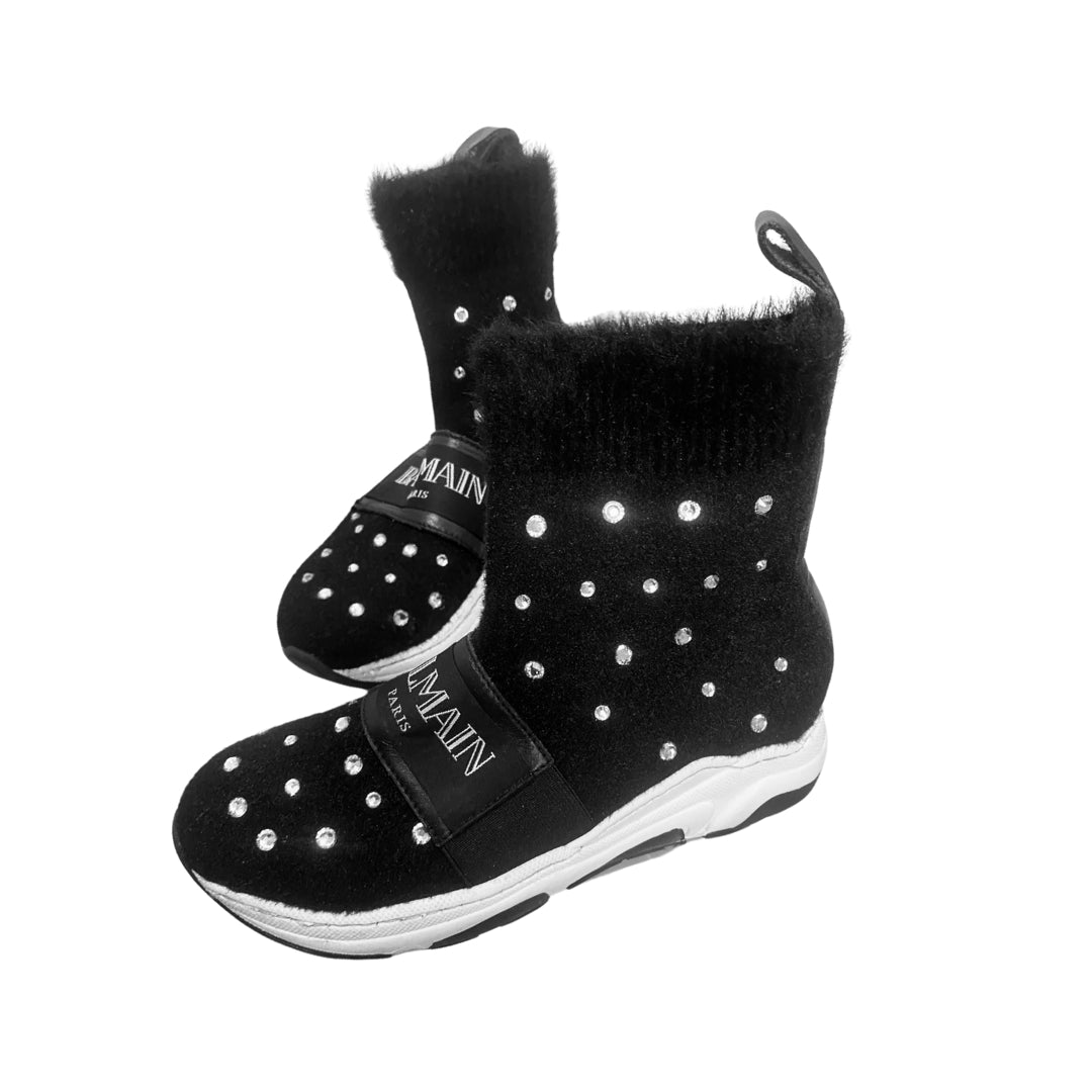 Balmain black high-top sock sneakers embellished with rhinestones, featuring a logo strap across the vamp and a chunky contrast sole, available at Lestyle Boutique 136 Little Collins St.