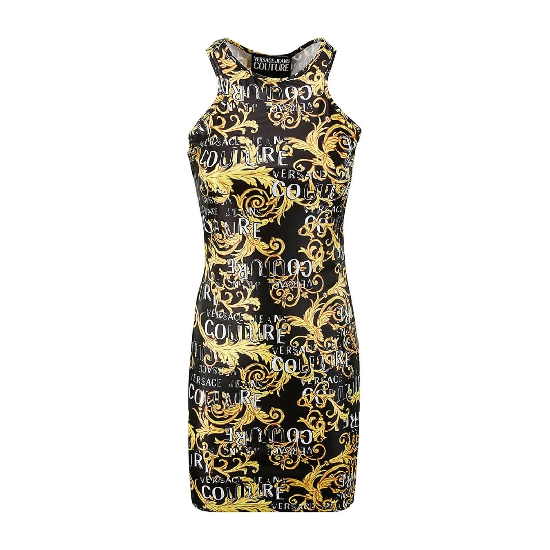 Versace Jeans Couture gold and black baroque print sleeveless mini dress in polyester, available at Lestyle Boutique 136 Little Collins St.