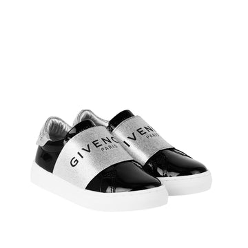 Givenchy Kids black patent leather slip-on sneakers featuring a silver-tone elastic logo band across the vamp and a white rubber sole, available at Lestyle Boutique 136 Little Collins St.