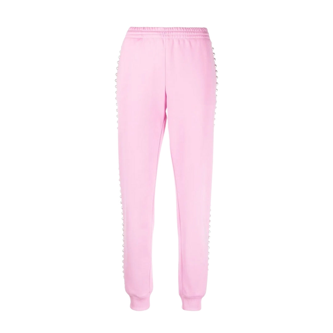 Moschino pink slim-fit jersey jogging bottoms with pearl embellishments at the sides, ribbed cuffs, and tapered legs, Made in Italy, available at Lestyle Boutique 136 Little Collins St.