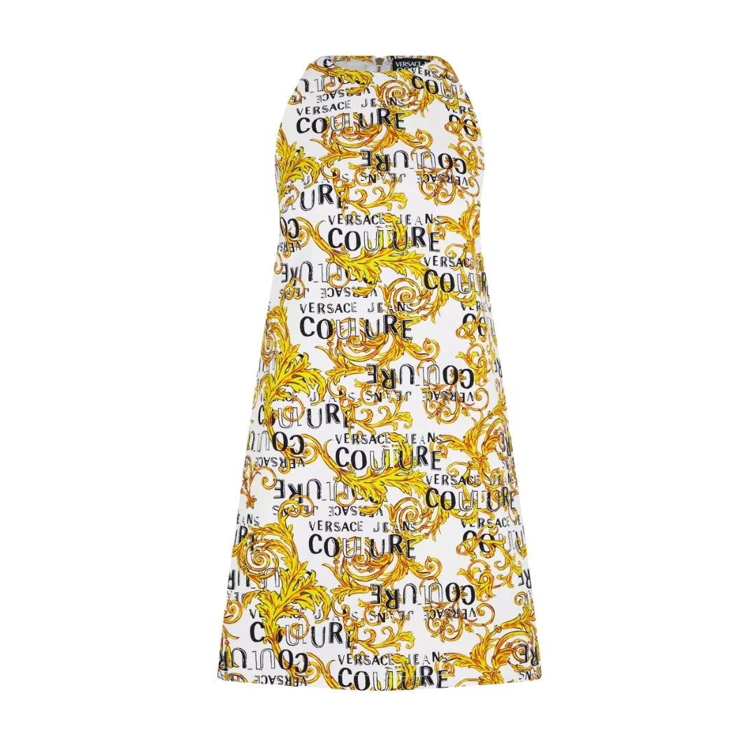 Versace Jeans Couture white and gold graphic print sleeveless mini dress in a cotton-elastane blend with a crew neck and rear zip, available at Lestyle Boutique 136 Little Collins St.
