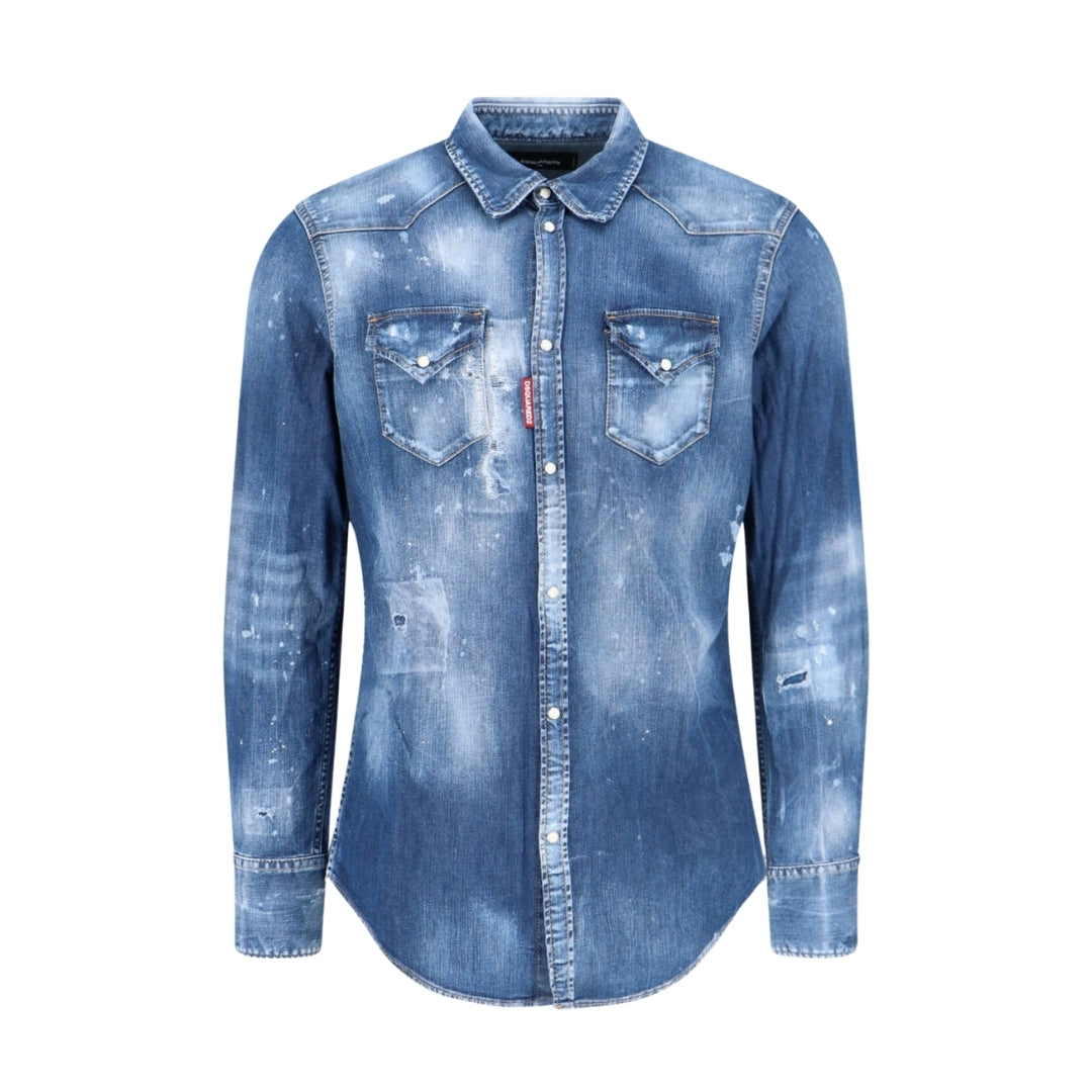 Dsquared2 regular fit distressed wash stretch denim shirt in blue with paint splatter details, chest pockets, and long sleeves, Made in Italy, available at Lestyle Boutique 136 Little Collins St.