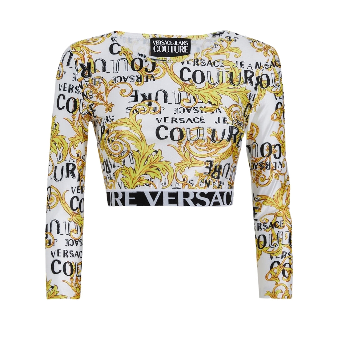 Versace Jeans Couture white and gold baroque pattern long-sleeve cropped top in a polyester-spandex blend, Made in Albania, available at Lestyle Boutique 136 Little Collins St.