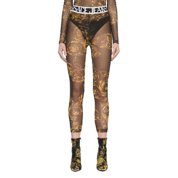 Versace Jeans Couture black sheer footless tights featuring a gold baroque print and logo waistband, available at Lestyle Boutique 136 Little Collins St.