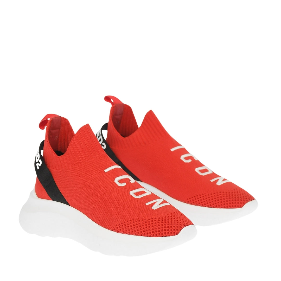 Dsquared2 Icon Speedster red knit sock sneakers with a white contrast sole, logo embroidery, and pull tab, Made in Italy, available at Lestyle Boutique 136 Little Collins St.