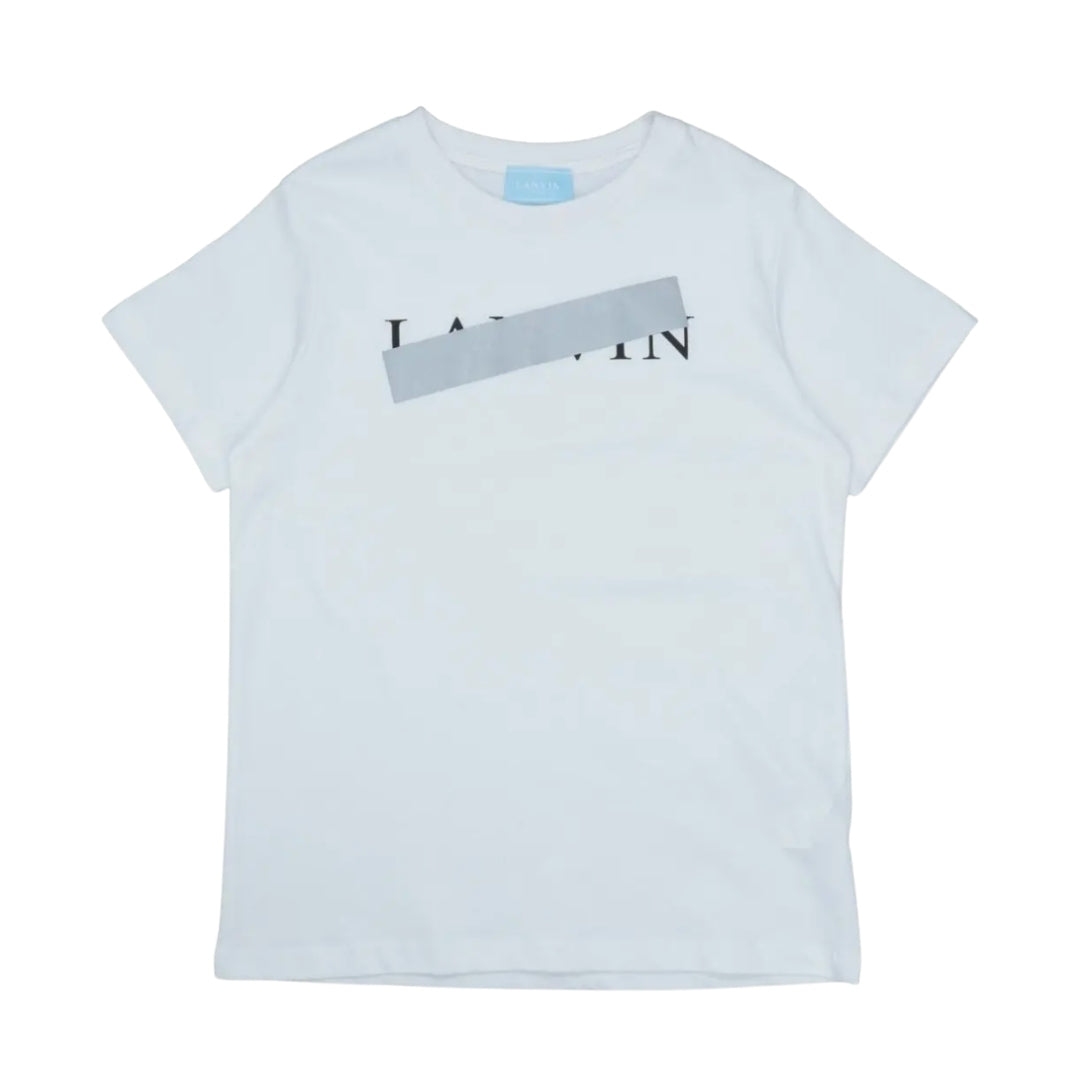 Lanvin white cotton T-shirt featuring a grey bar logo print across the chest, round neck, short sleeves, and a large fit, available at Lestyle Boutique 136 Little Collins St.