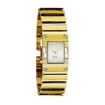 Dolce & Gabbana D&G Kilt DW0349 women's watch with a gold-tone rectangular stainless steel case, silver/white logo dial, and pink leather strap, available at Lestyle Boutique 136 Little Collins St.