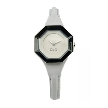 D&G Lady String DW0284 women's watch with a silver-tone octagonal case featuring a mirrored prism bezel, white dial, and white leather strap, available at Lestyle Boutique 136 Little Collins St.