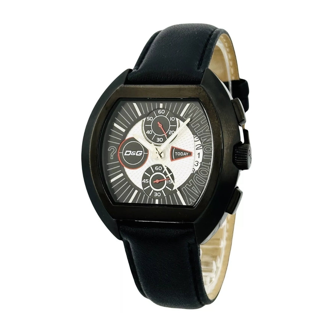 D&G DW0214 men's chronograph watch with a black IP tonneau stainless steel case, black/white dial, date function, and black leather strap, available at Lestyle Boutique 136 Little Collins St.
