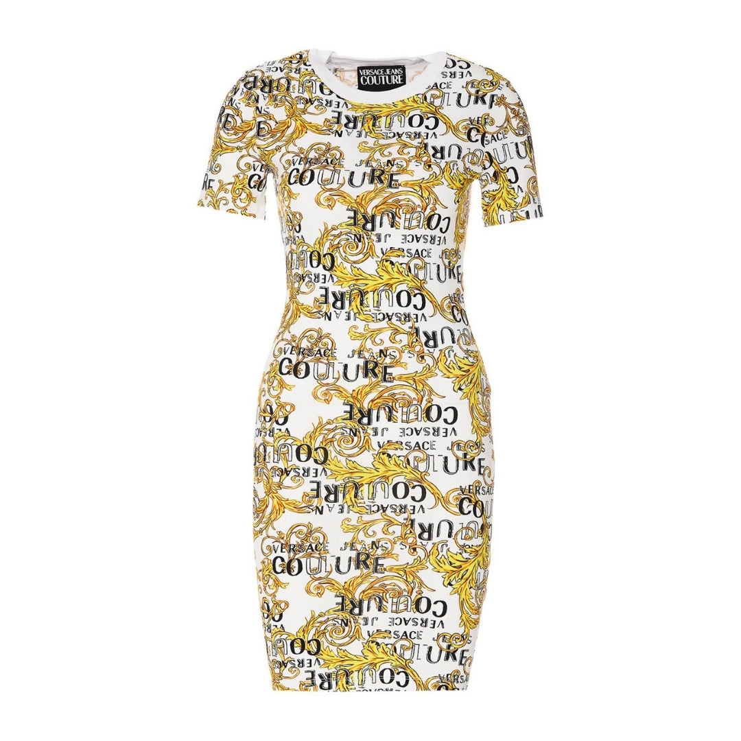 Versace Jeans Couture white tight-fitting logo print T-shirt dress in a cotton-elastane blend with short sleeves, available at Lestyle Boutique 136 Little Collins St.