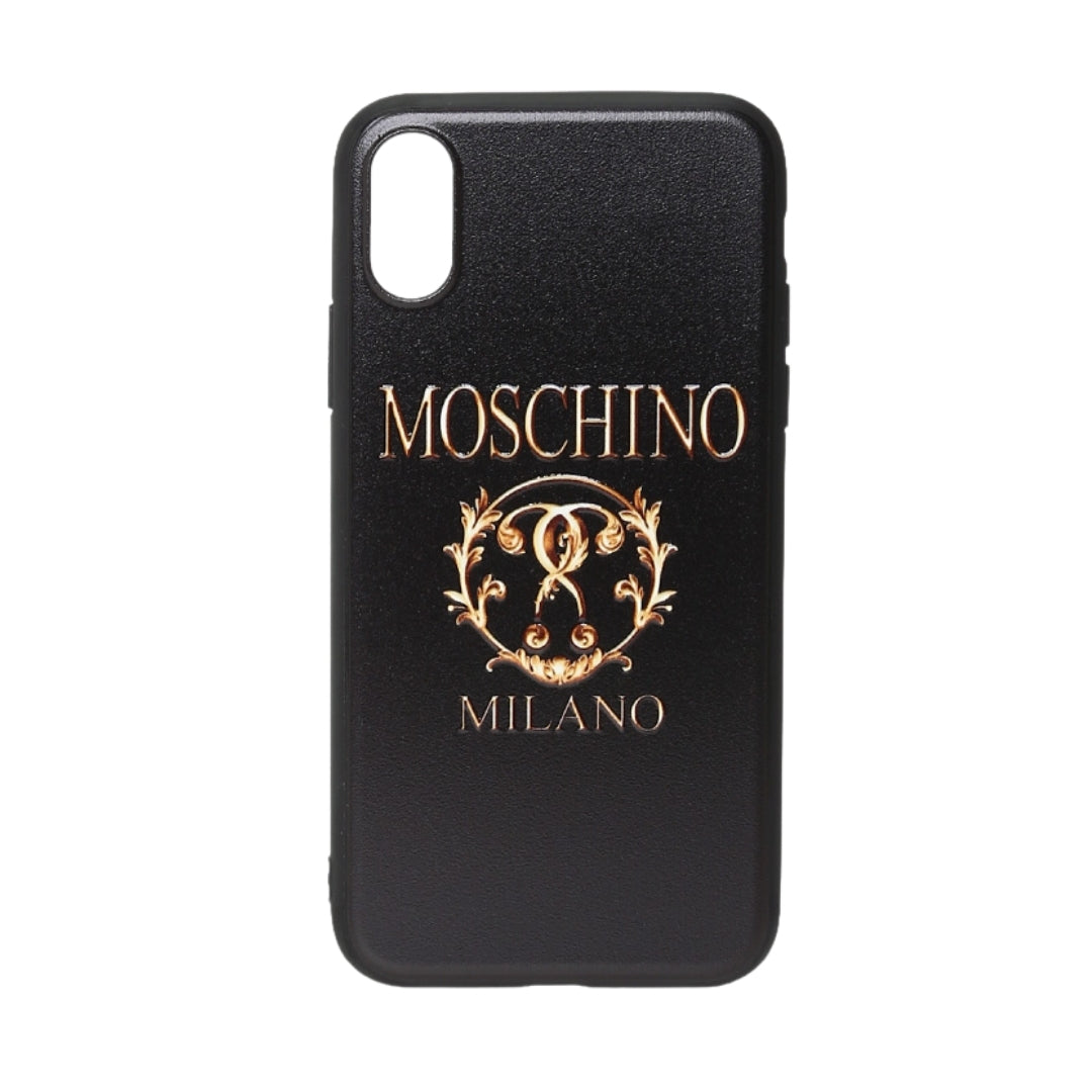 Moschino black phone case for iPhone Xs/X featuring the gold Double Question Mark logo, available at Lestyle Boutique 136 Little Collins St.