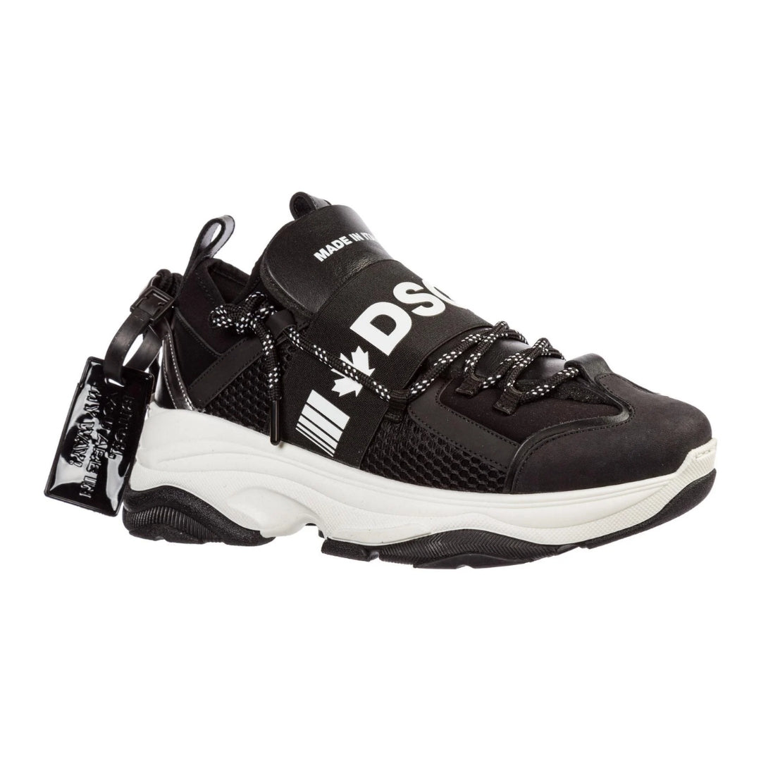 Dsquared2 D-Bumpy One black leather and mesh trainers with a chunky white sole and logo strap detail, available at Lestyle Boutique 136 Little Collins St.