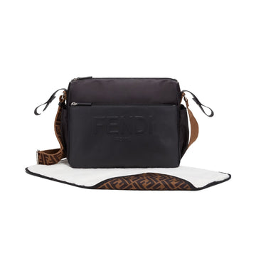 Fendi black nylon and leather changing bag featuring an embossed logo, FF logo shoulder strap, stroller hooks, and included changing mat, Made in Italy, available at Lestyle Boutique 136 Little Collins St.