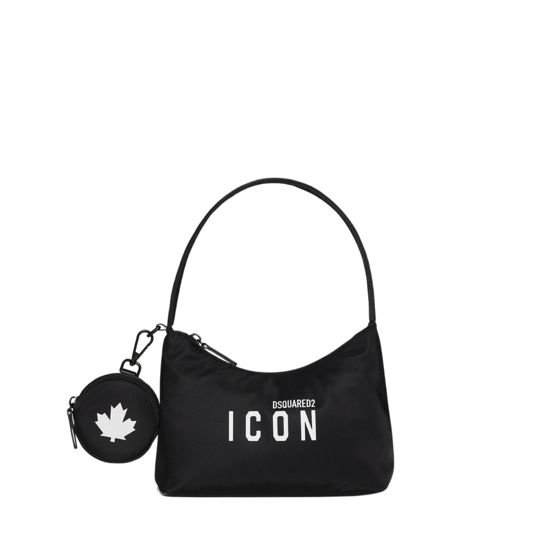 Dsquared2 Be Icon black polyester hobo bag with white logo print and a removable printed coin purse, Made in China, available at Lestyle Boutique 136 Little Collins St.