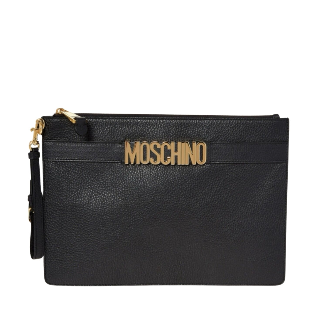 Moschino black textured clutch featuring raised gold-tone logo lettering, top zip closure with gold-tone hardware, and a detachable wrist strap, available at Lestyle Boutique 136 Little Collins St.