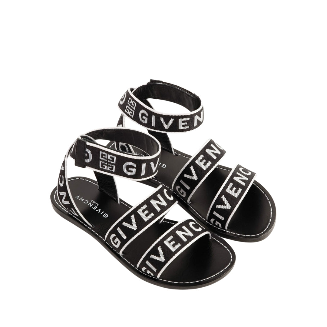 Givenchy black sandals with 4G jacquard logo textile straps, leather lining, leather/rubber sole, Made in Spain, available at Lestyle Boutique 136 Little Collins St.