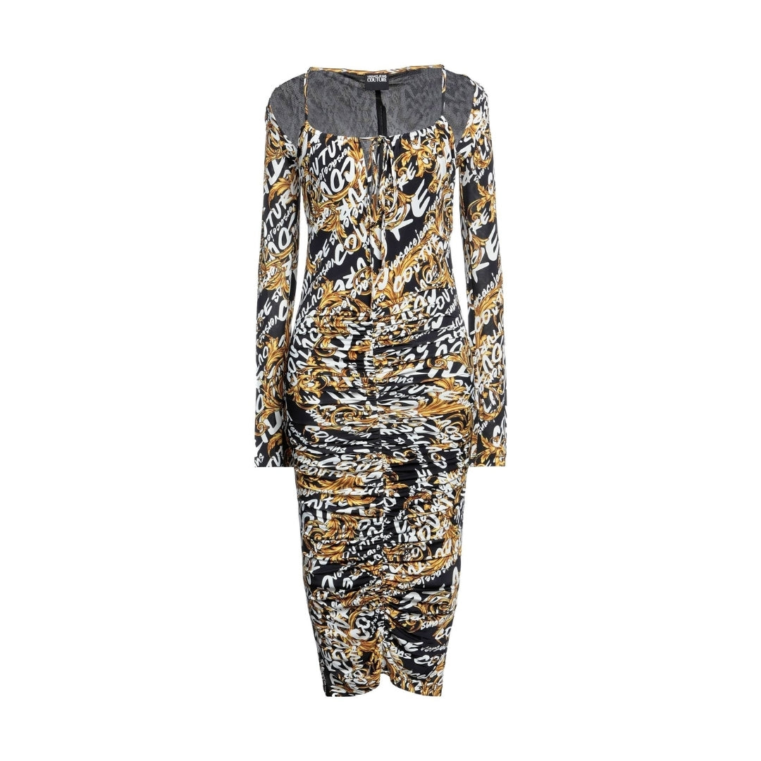 Versace Jeans Couture multicolor print pencil midi dress in stretch viscose jersey, featuring a deep frilled neckline and long sleeves, available at Lestyle Boutique 136 Little Collins St.