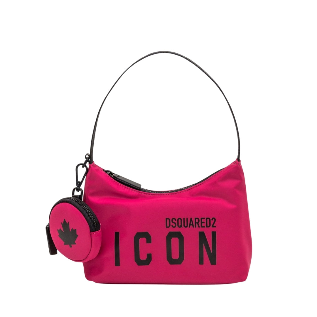 Dsquared2 Icon pink nylon hobo bag with black logo print and a removable printed coin purse, available at Lestyle Boutique 136 Little Collins St.