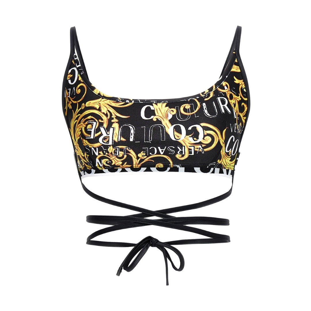 Versace Jeans Couture multicolour logo print Lycra cropped top with thin straps and wrap-around tie closure, available at Lestyle Boutique 136 Little Collins St.