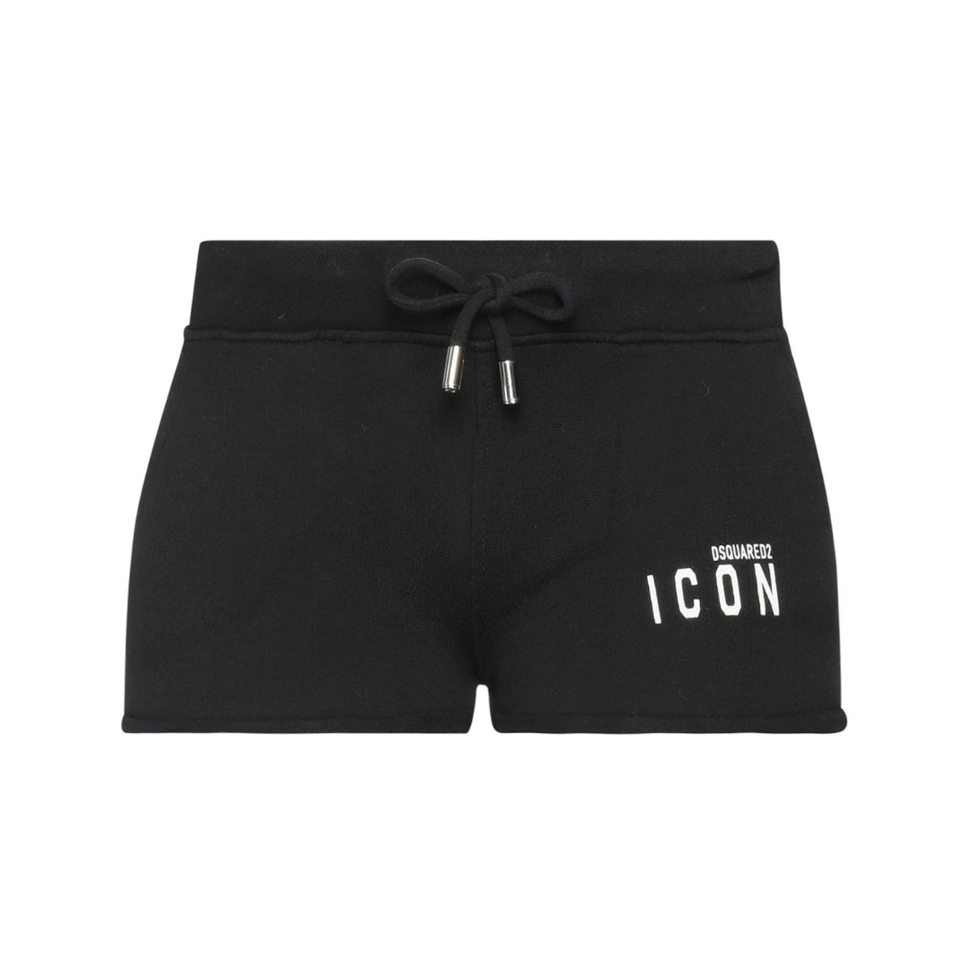 Dsquared2 women's black cotton-elastane fleece sweat shorts featuring a low waist, drawstring fastening, multipockets, and a white 'Dsquared2 Icon' logo print vertically on the left leg, made in Italy, available at Lestyle Boutique 136 Little Collins St.