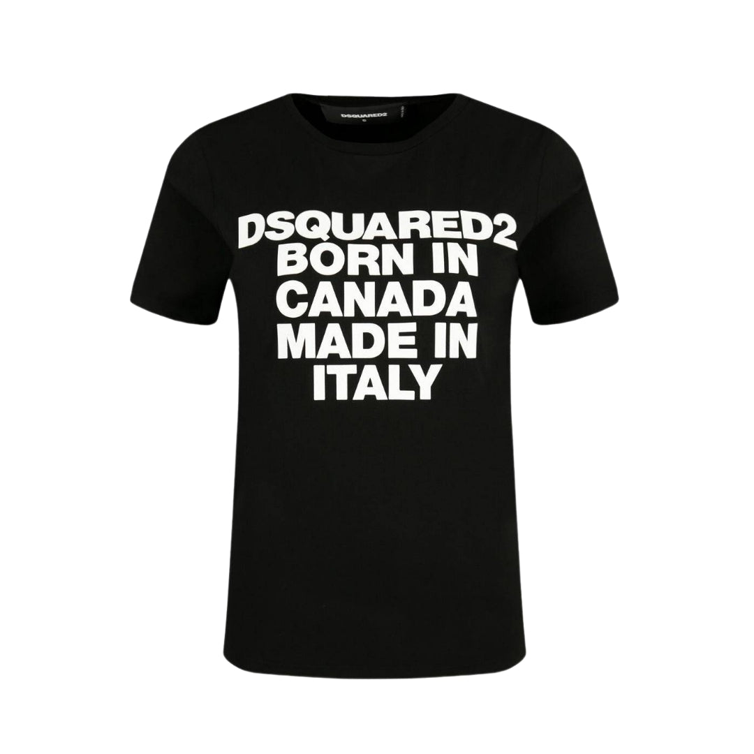 Dsquared2 women's black cotton t-shirt in a regular fit with crew neck and short sleeves, featuring a large white 'Dsquared2 Born In Canada Made In Italy' print on the front, available at Lestyle Boutique 136 Little Collins St.