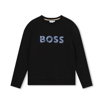 BOSS Kidswear jet black cotton blend fleece crew-neck sweatshirt for boys, featuring a large blue logo print to the front and ribbed cuffs and hem, available at Lestyle Boutique 136 Little Collins St.