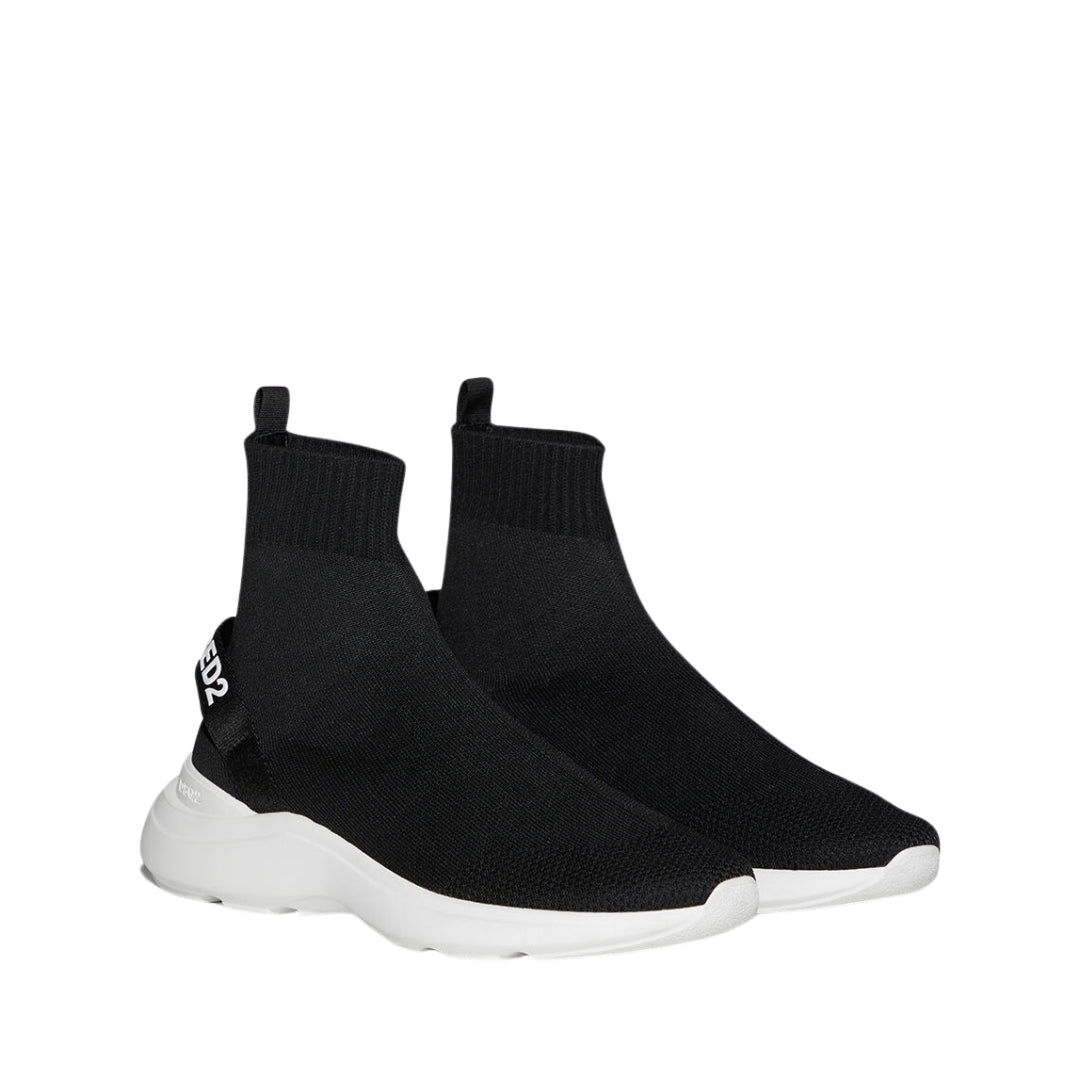 Dsquared2 black high-top 'Fly Sneakers' made from recycled nylon with white logo lettering on the back and a chunky white recycled EVA sole, Made in Italy, available at Lestyle Boutique 136 Little Collins St.