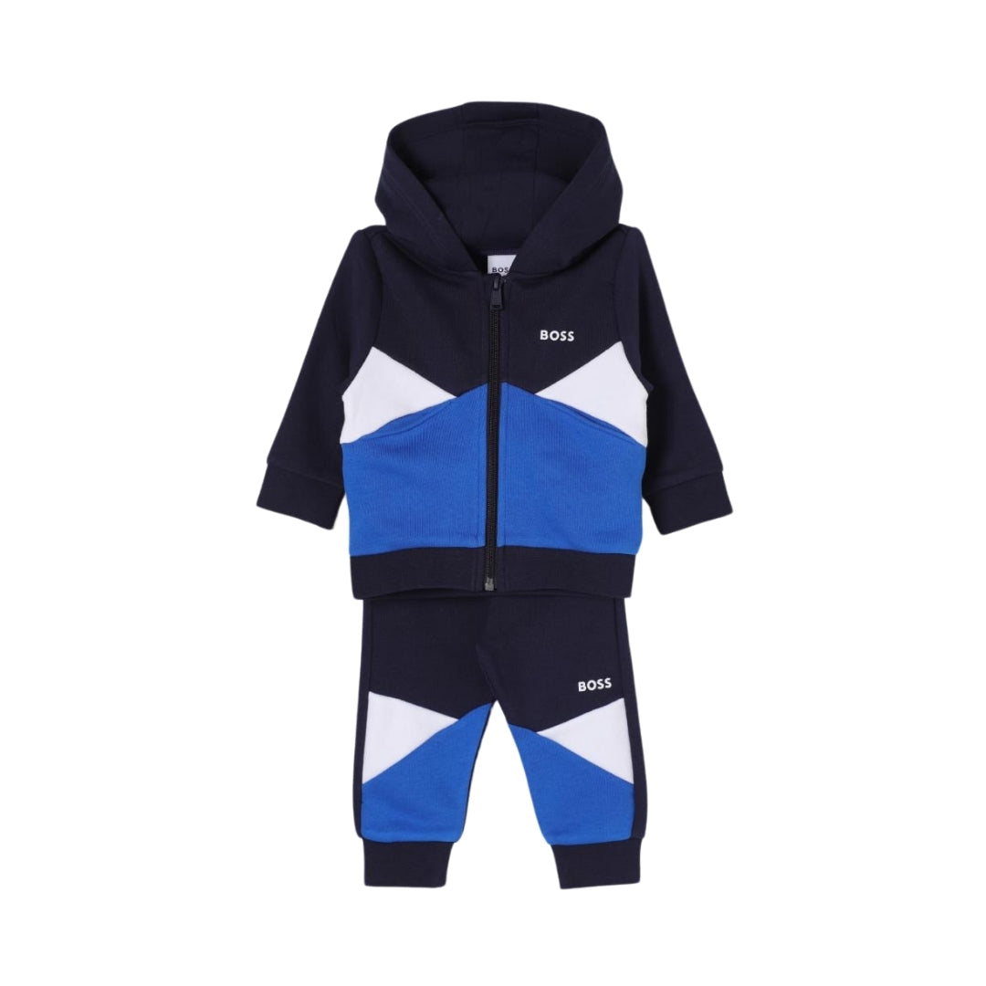 BOSS baby/toddler navy blue, royal blue, and white cotton sporty hoodie and joggers set with contrasting logo and color-block details, available at Lestyle Boutique 136 Little Collins St.