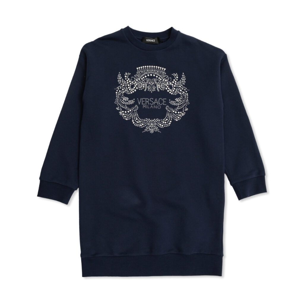 Versace Kids Dress navy blue logo-print Medusa motif, cotton sweatshirt dress available at Lestyle Boutique Melbourne