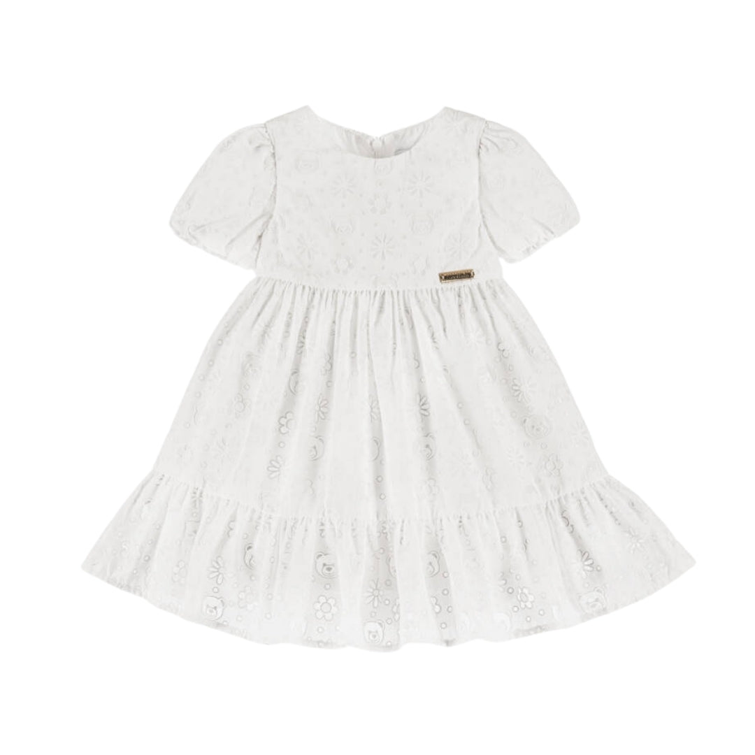 Moschino Kids girls' white floral devoré dress with cotton lining, featuring a round neck, short puff sleeves, gathered waist, ruffled hem, and a small gold logo plaque, available at Lestyle Boutique 136 Little Collins St.