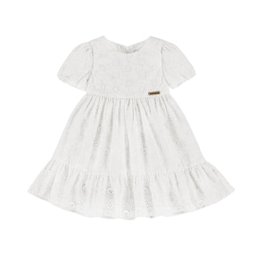 Moschino Kids girls' white floral devoré dress with cotton lining, featuring a round neck, short puff sleeves, gathered waist, ruffled hem, and a small gold logo plaque, available at Lestyle Boutique 136 Little Collins St.