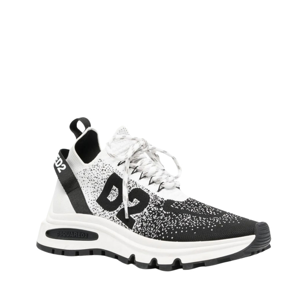 Dsquared2 Run DS2 low-top sneakers in black and white recycled polyester knit, featuring a logo-embroidered tongue, lace-up fastening, and chunky jagged rubber sole, Made in Italy, available at Lestyle Boutique 136 Little Collins St.