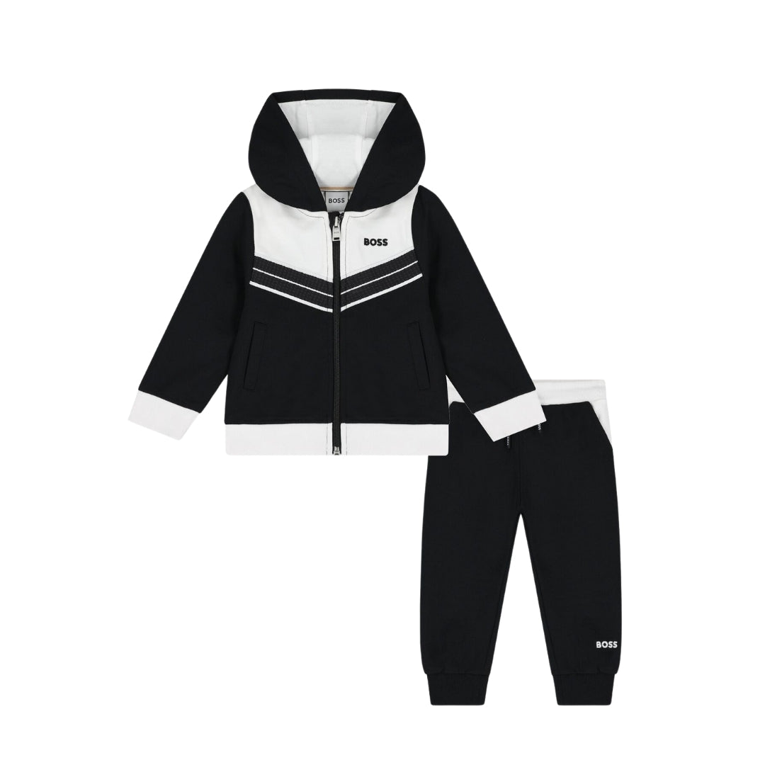 BOSS black and white soft cotton blend tracksuit for baby and younger boys, featuring a hooded zip-up top with a white panel and embroidered logo, and matching joggers with an embroidered logo, available at Lestyle Boutique 136 Little Collins St.