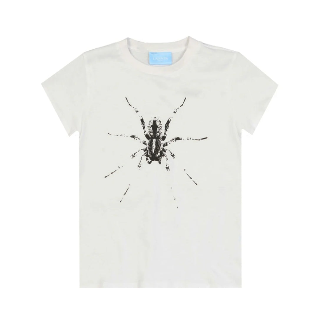 Lanvin Boys white cotton t-shirt with crew neck and short sleeves, featuring a black/grey spider print on the front and Lanvin branding at the back, available at Lestyle Boutique 136 Little Collins St.
