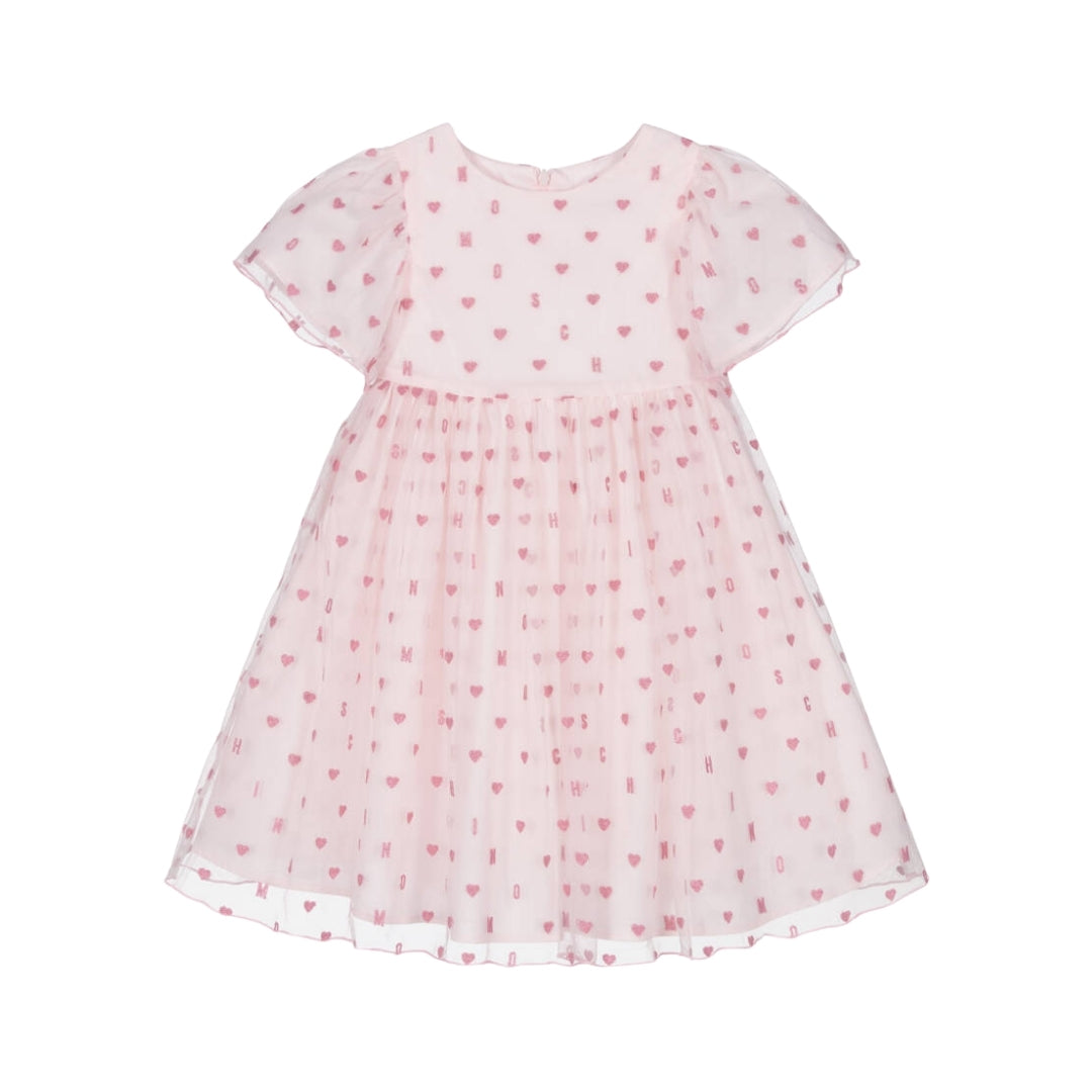 Moschino Kids girls' pink tulle dress with cotton lining, featuring a round neck, flutter sleeves, and an all-over logo and hearts print, available at Lestyle Boutique 136 Little Collins St.