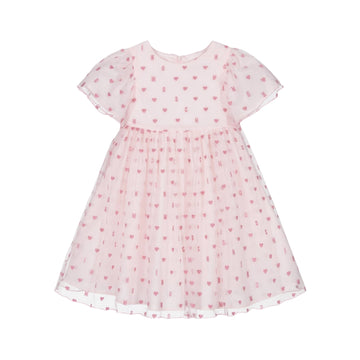 Moschino Kids girls' pink tulle dress with cotton lining, featuring a round neck, flutter sleeves, and an all-over logo and hearts print, available at Lestyle Boutique 136 Little Collins St.
