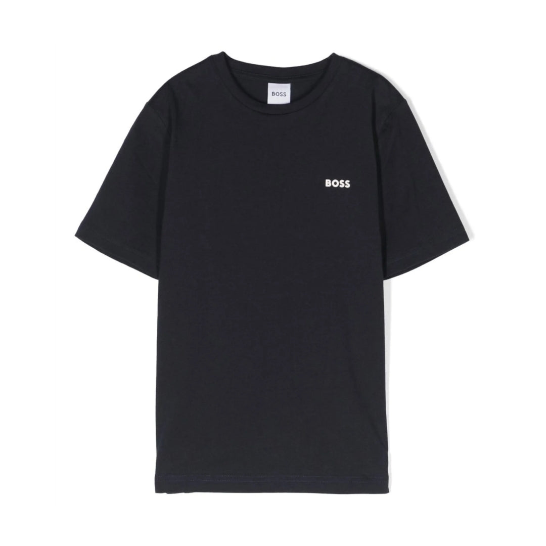 BOSS Kidswear black cotton t-shirt for boys featuring a white embossed logo on the chest, crew neck, and short sleeves, available at Lestyle Boutique 136 Little Collins St.