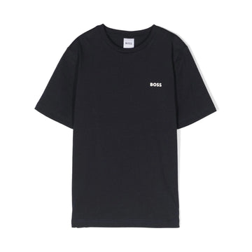 BOSS Kidswear black cotton t-shirt for boys featuring a white embossed logo on the chest, crew neck, and short sleeves, available at Lestyle Boutique 136 Little Collins St.