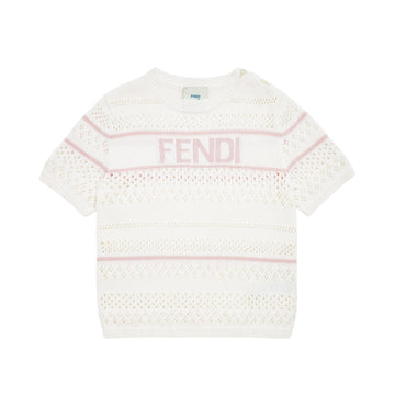 Fendi Kids junior white crochet-knit cotton T-shirt featuring pink horizontal stripes and pink Fendi logo, Made in Italy, available at Lestyle Boutique 136 Little Collins St.