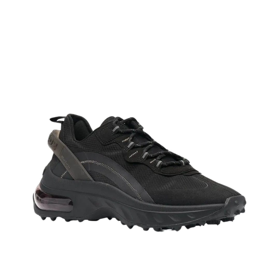 Dsquared2 black low-top sneakers featuring a logo print strap, lace-up fastening, pull-tab, and a chunky ridged rubber sole, available at Lestyle Boutique 136 Little Collins St.