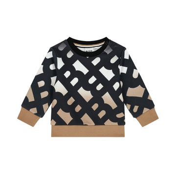 BOSS black and beige soft cotton blend sweatshirt for baby and younger boys, featuring an all-over monogram print, beige ribbed hem and cuffs, and shoulder popper fastenings, available at Lestyle Boutique 136 Little Collins St.