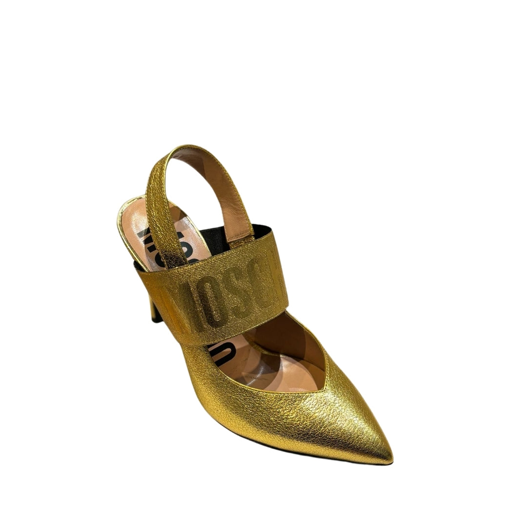 Moschino pointed toe slingback pumps in a textured gold metallic finish, featuring a slingback heel strap and a wide instep strap with black Moschino logo lettering, available at Lestyle Boutique 136 Little Collins St.