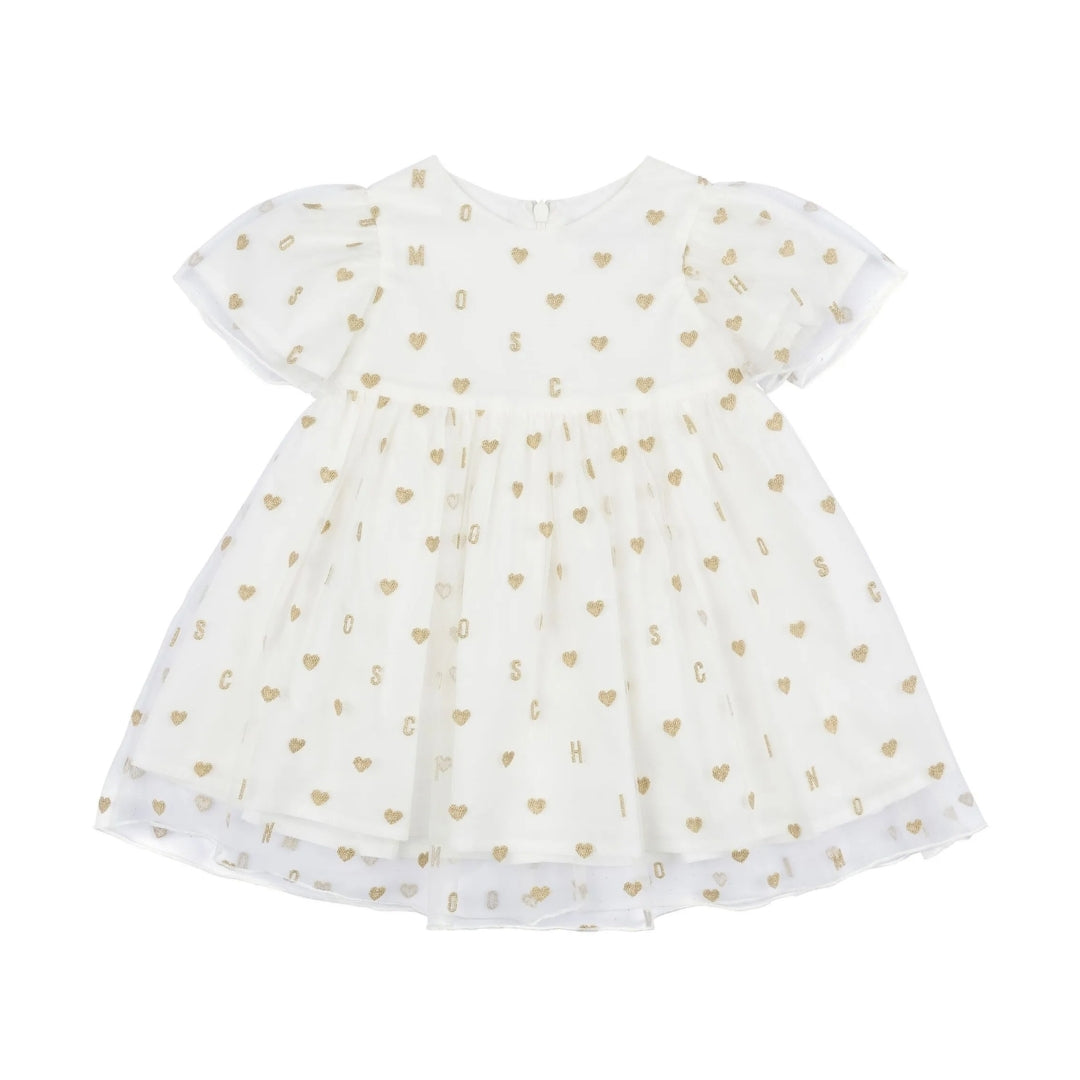 Moschino Kids baby girls' white dress featuring a round neck, short flutter sleeves, flared hem, an all-over gold heart print, and a rear zip fastening, available at Lestyle Boutique 136 Little Collins St.