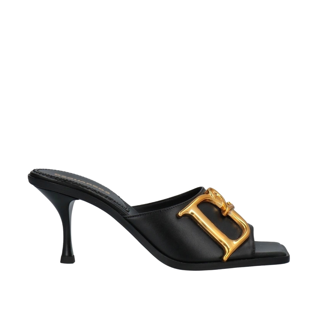 Dsquared2 black soft leather heeled slide sandals featuring a large gold-tone D2 logo, square toe, and 8cm spool heel, Made in Italy, available at Lestyle Boutique 136 Little Collins St.