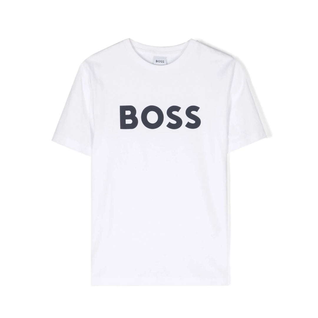 BOSS Kidswear white cotton t-shirt for boys, featuring a navy blue logo print on the front, crew neck, and short sleeves, available at Lestyle Boutique 136 Little Collins St.
