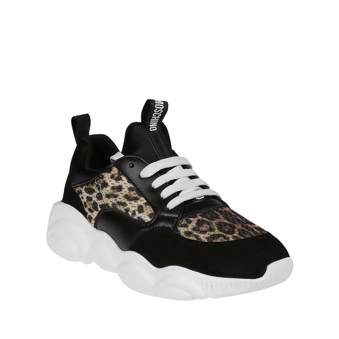 Moschino sneakers featuring black panels, leopard print side panels, a round toe, lace-up fastening, pull tabs, and a chunky white ridged sole, available at Lestyle Boutique 136 Little Collins St.