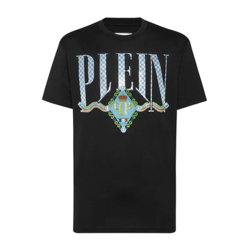 Philipp Plein black cotton jersey t-shirt with a round neck, short sleeves, rhinestoned "Border Check" pattern print on the front, and a logoed patch on the yoke, available at Lestyle Boutique 136 Little Collins St.