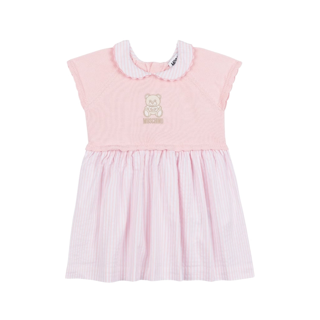 Moschino Kids/Baby dress featuring a pink jersey bodice with Teddy Bear embroidery, white Peter Pan collar, cap sleeves, and a pink and white striped seersucker skirt, available at Lestyle Boutique 136 Little Collins St.