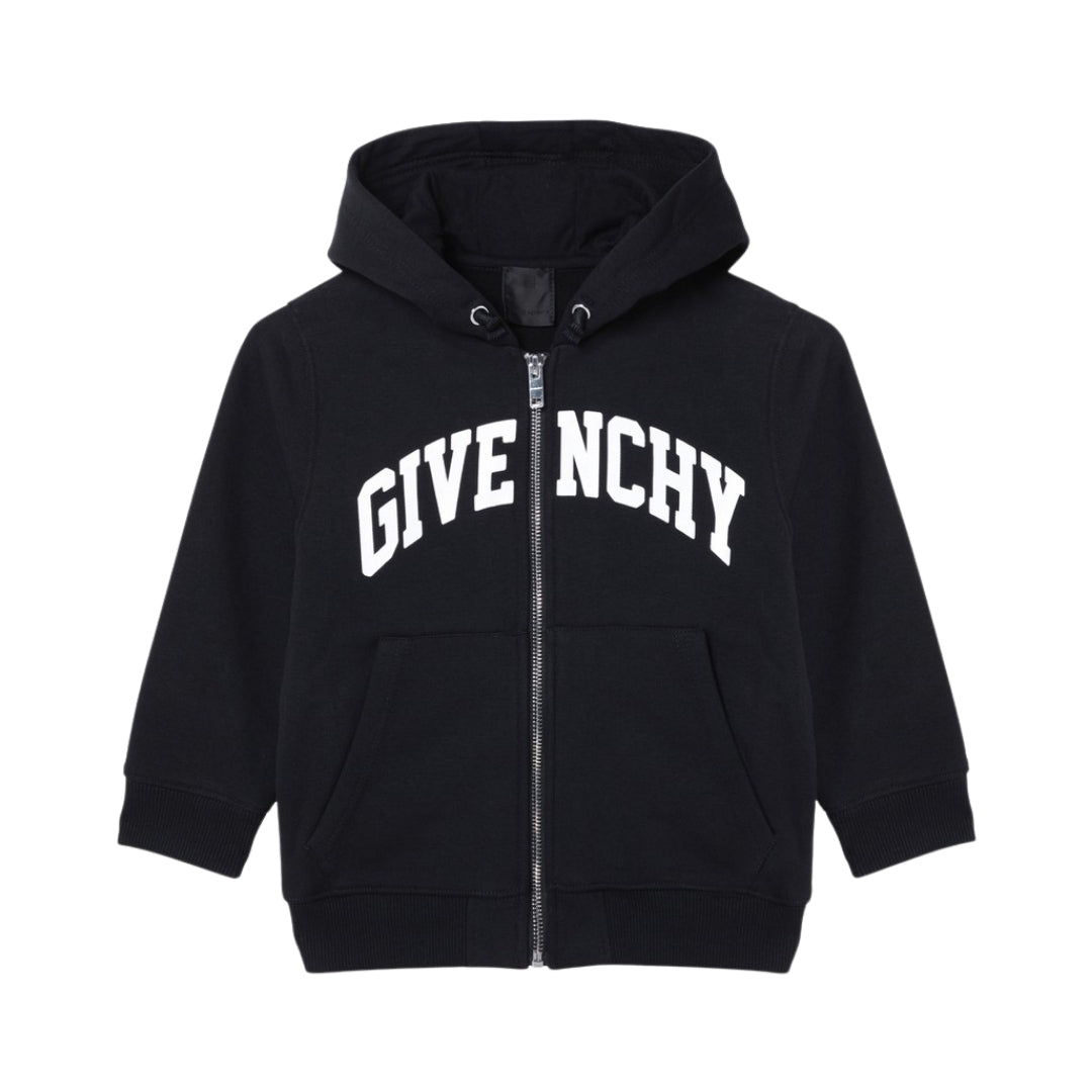 Givenchy boys black cotton blend zippered hooded sweatshirt from the Winter 24/25 collection, featuring a white 'GIVENCHY' logo print, drawstring hood, and kangaroo pockets, available at Lestyle Boutique 136 Little Collins St.