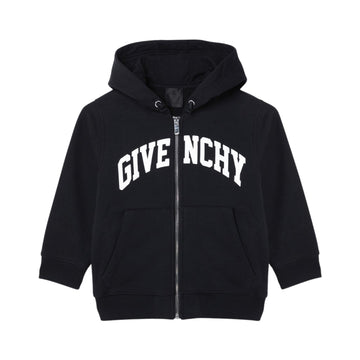 Givenchy boys black cotton blend zippered hooded sweatshirt from the Winter 24/25 collection, featuring a white 'GIVENCHY' logo print, drawstring hood, and kangaroo pockets, available at Lestyle Boutique 136 Little Collins St.
